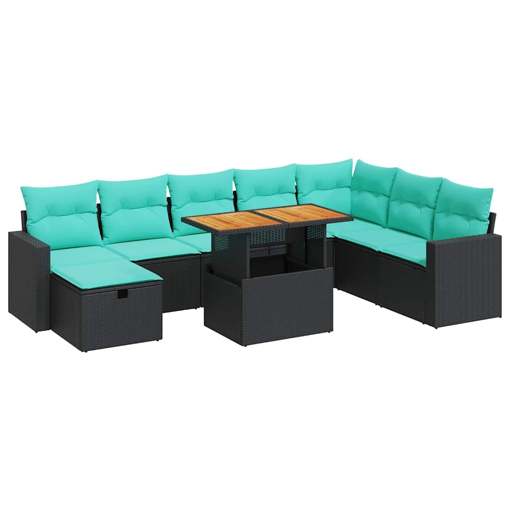 9 Piece Patio Sofa Set with Cushions Black Poly Rattan Acacia