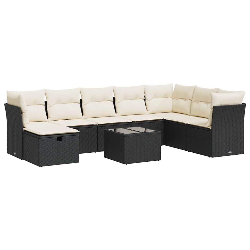 9 Piece Patio Sofa Set with Cushions Black Poly Rattan