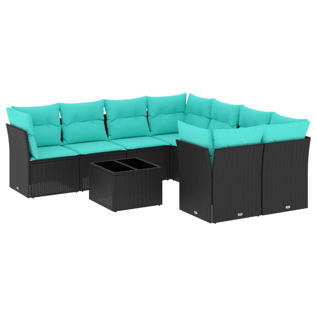 9 Piece Patio Sofa Set with Cushions Black Poly Rattan