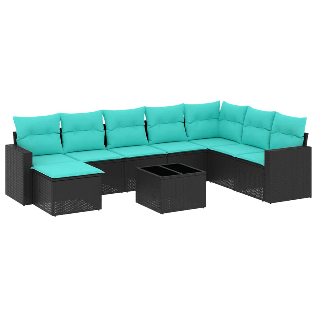 9 Piece Patio Sofa Set with Cushions Black Poly Rattan