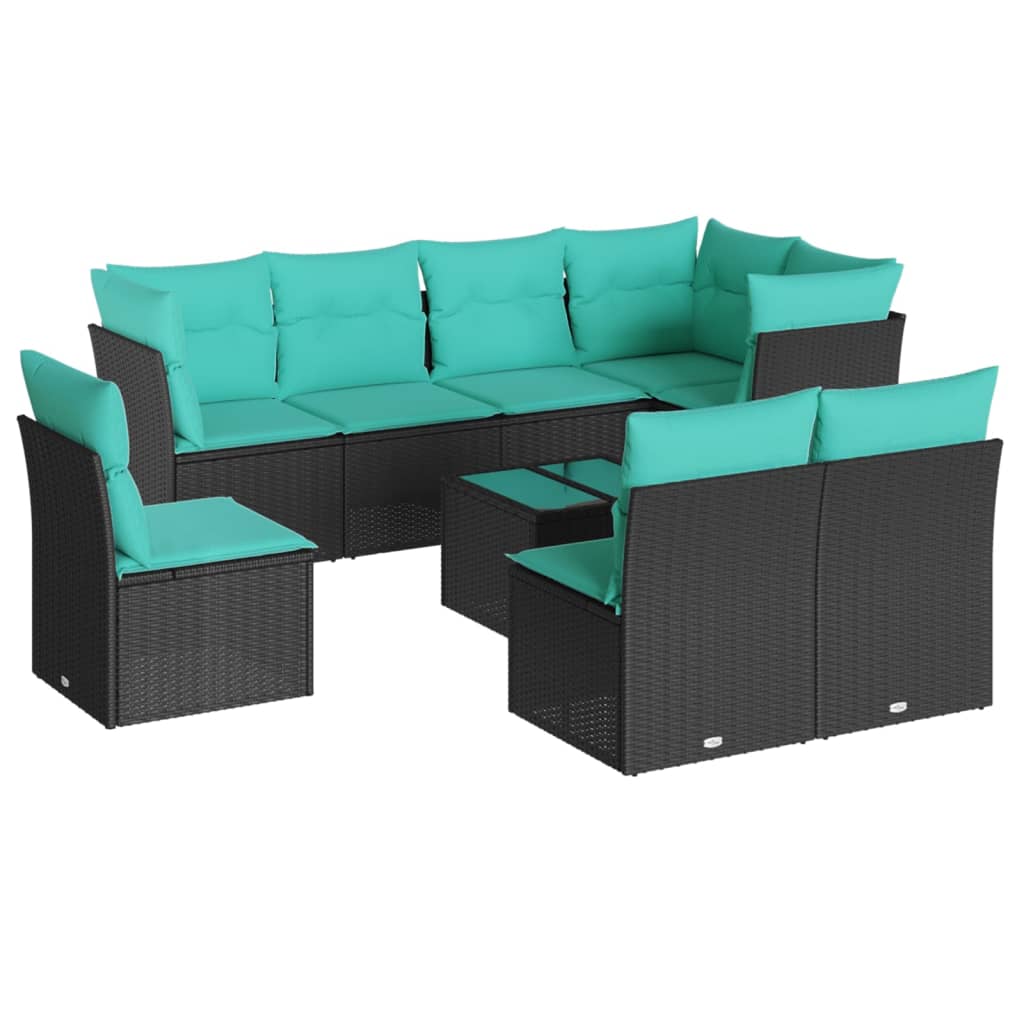 9 Piece Patio Sofa Set with Cushions Black Poly Rattan