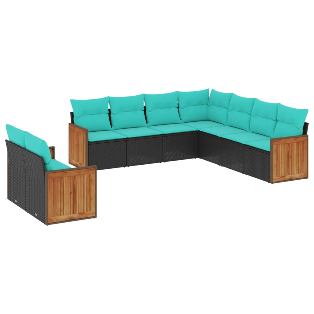 9 Piece Patio Sofa Set with Cushions Black Poly Rattan