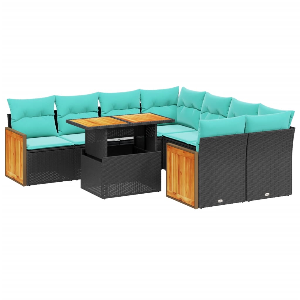 9 Piece Patio Sofa Set with Cushions Black Poly Rattan