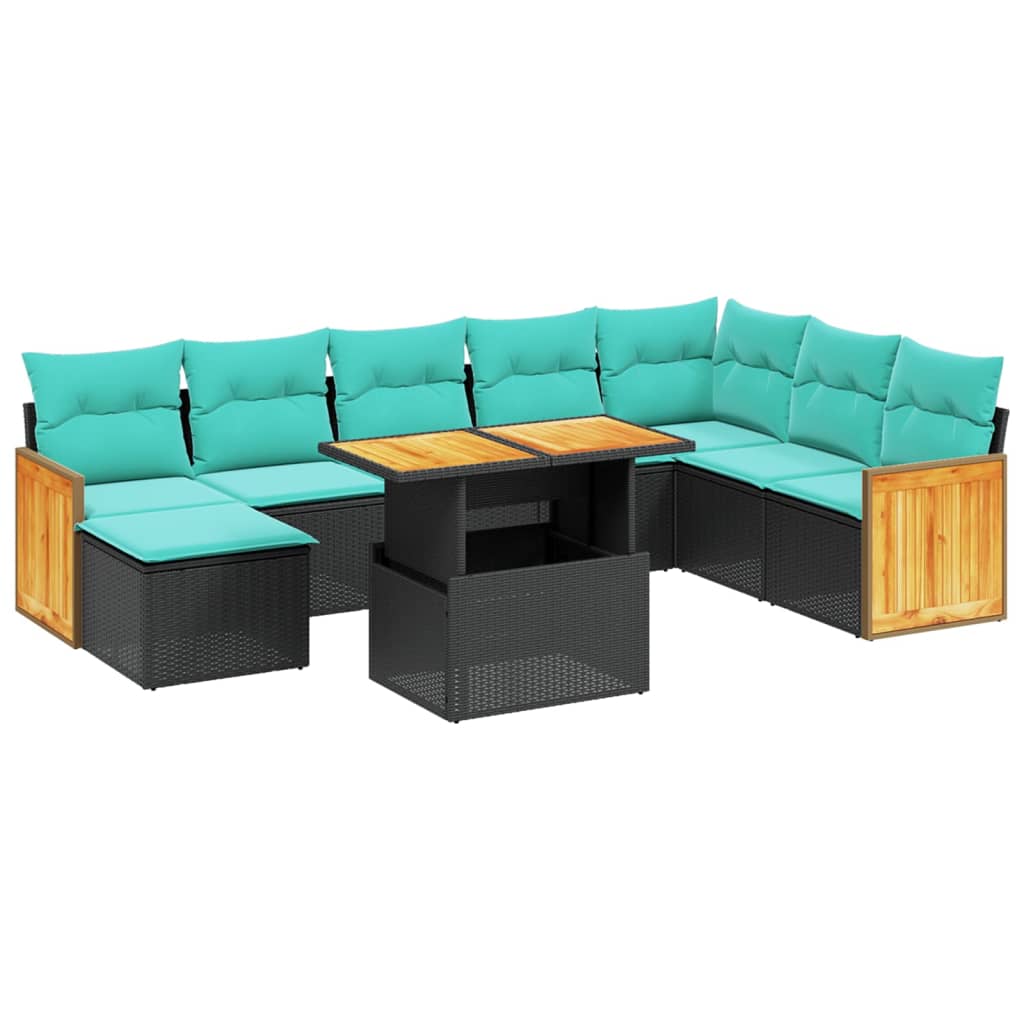 9 Piece Patio Sofa Set with Cushions Black Poly Rattan