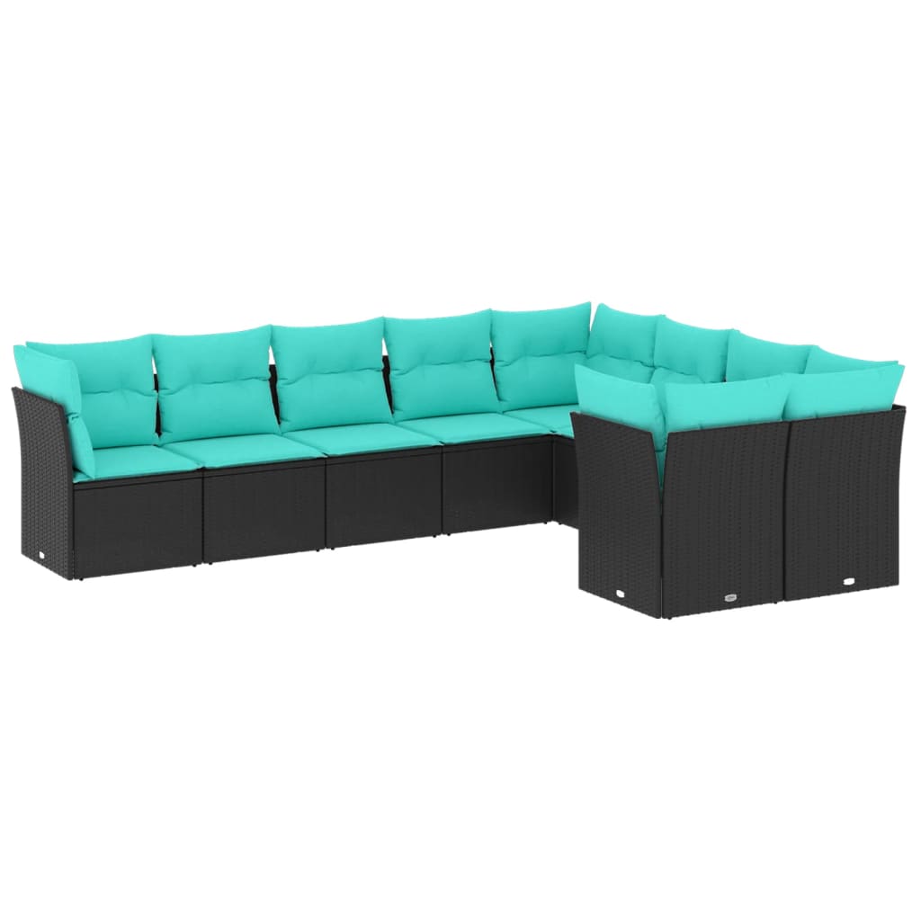 9 Piece Patio Sofa Set with Cushions Black Poly Rattan