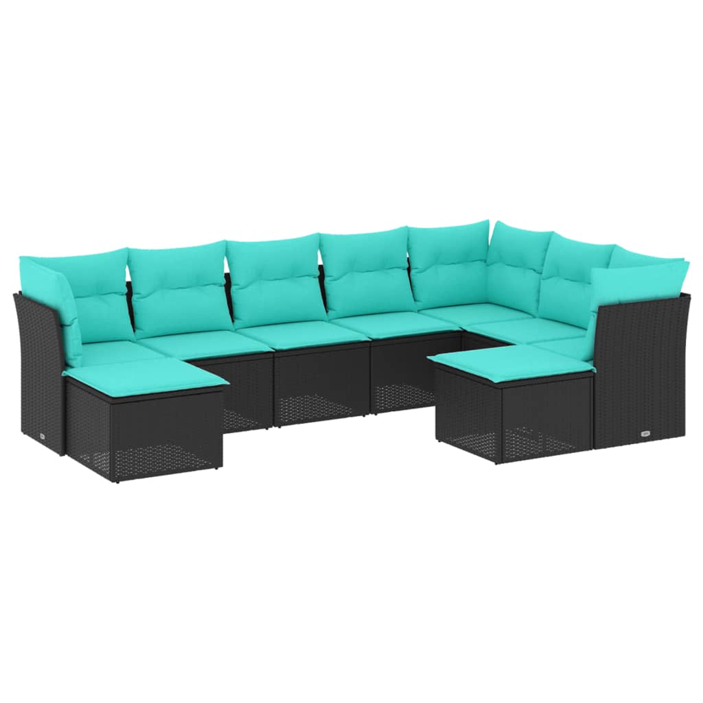 9 Piece Patio Sofa Set with Cushions Black Poly Rattan