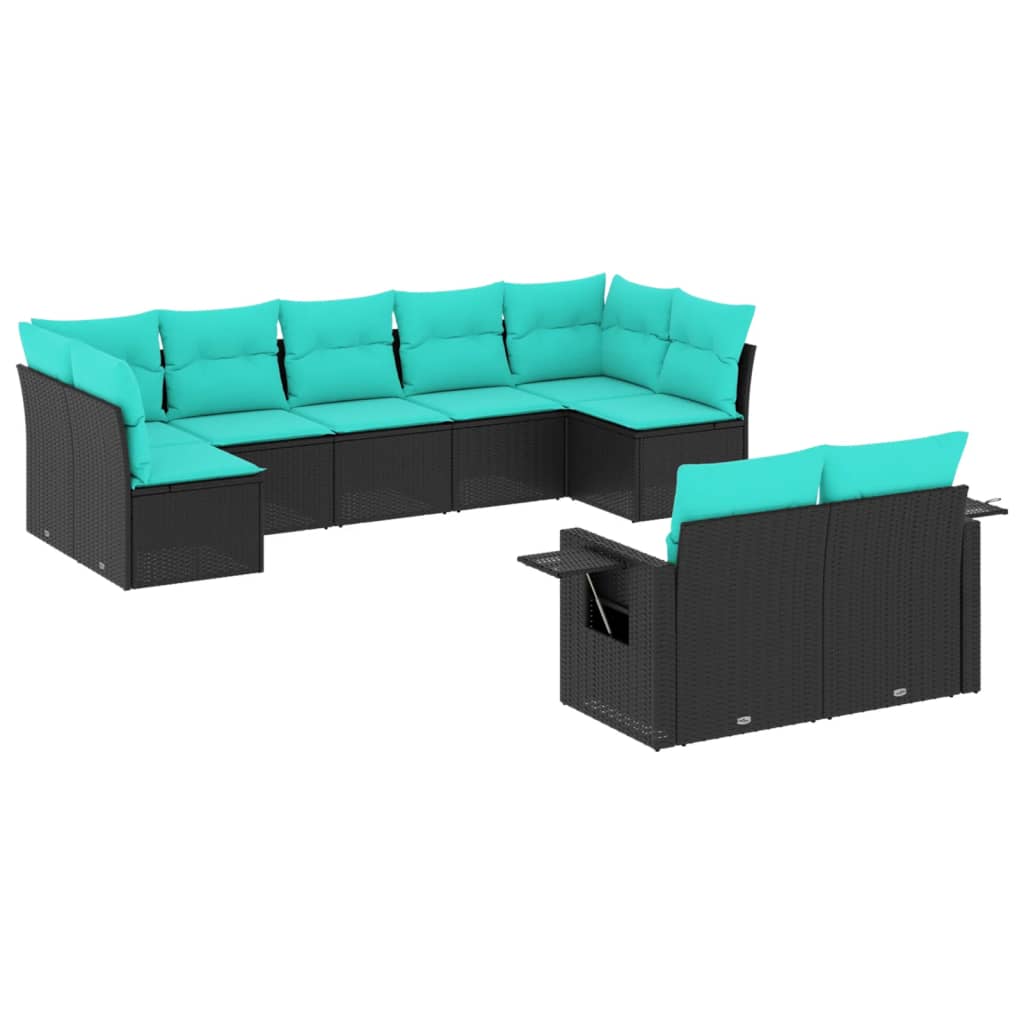 9 Piece Patio Sofa Set with Cushions Black Poly Rattan