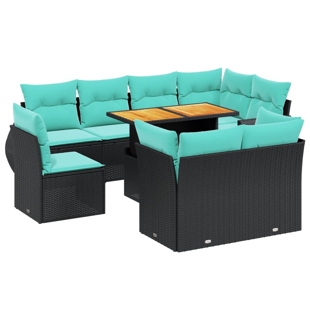 9 Piece Patio Sofa Set with Cushions Black Poly Rattan
