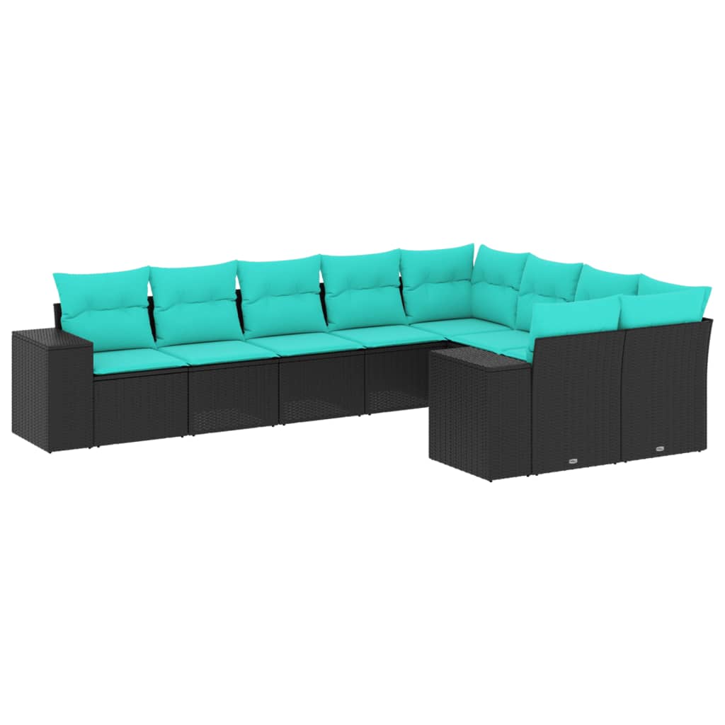 9 Piece Patio Sofa Set with Cushions Black Poly Rattan