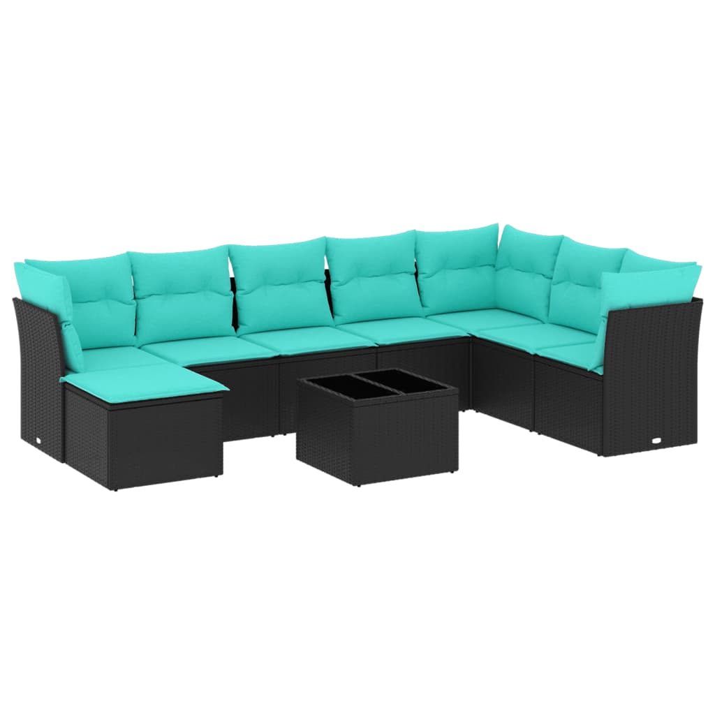 9 Piece Patio Sofa Set with Cushions Black Poly Rattan