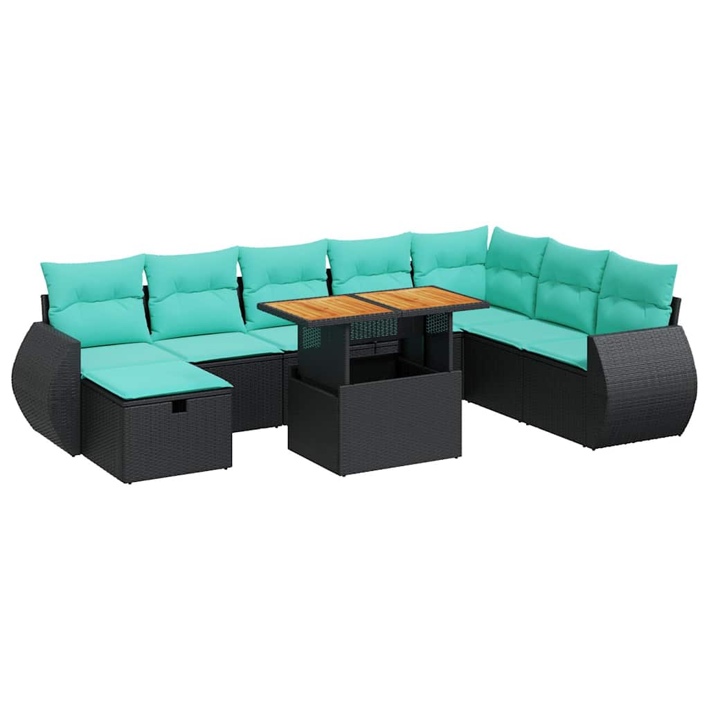 9 Piece Patio Sofa Set with Cushions Brown Poly Rattan Acacia