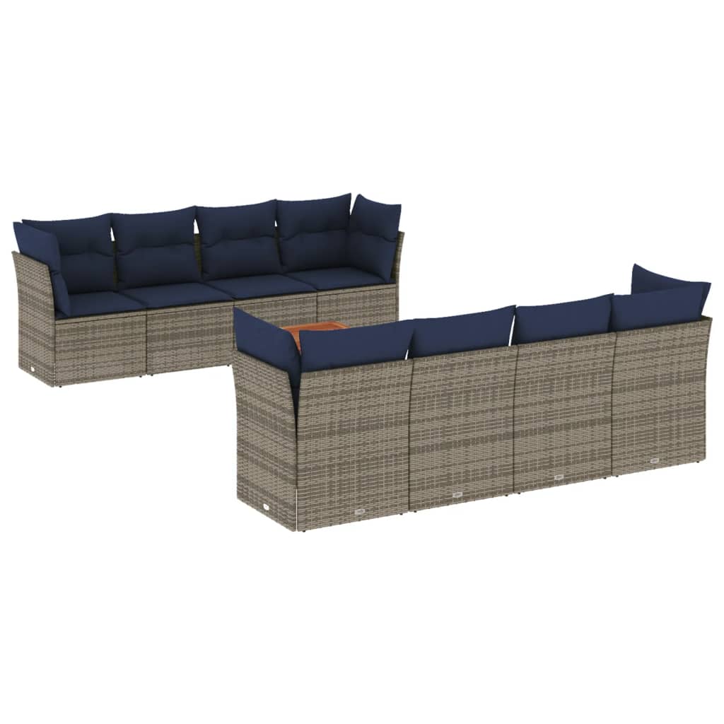 9 Piece Patio Sofa Set with Cushions Gray Poly Rattan