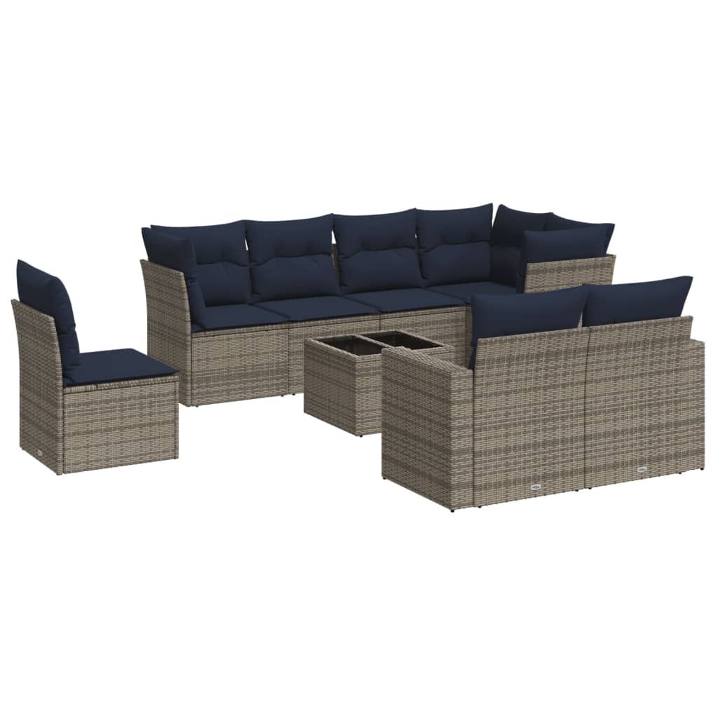 9 Piece Patio Sofa Set with Cushions Gray Poly Rattan