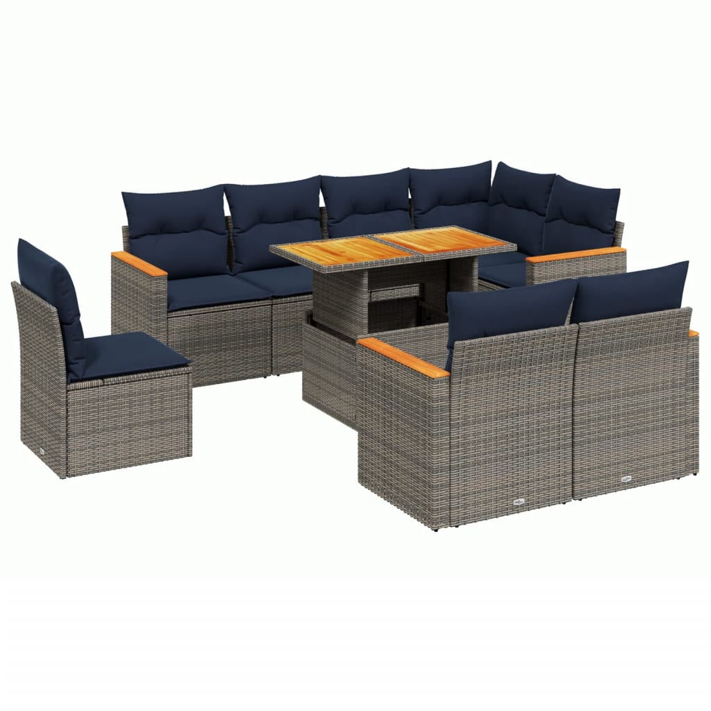 9 Piece Patio Sofa Set with Cushions Gray Poly Rattan