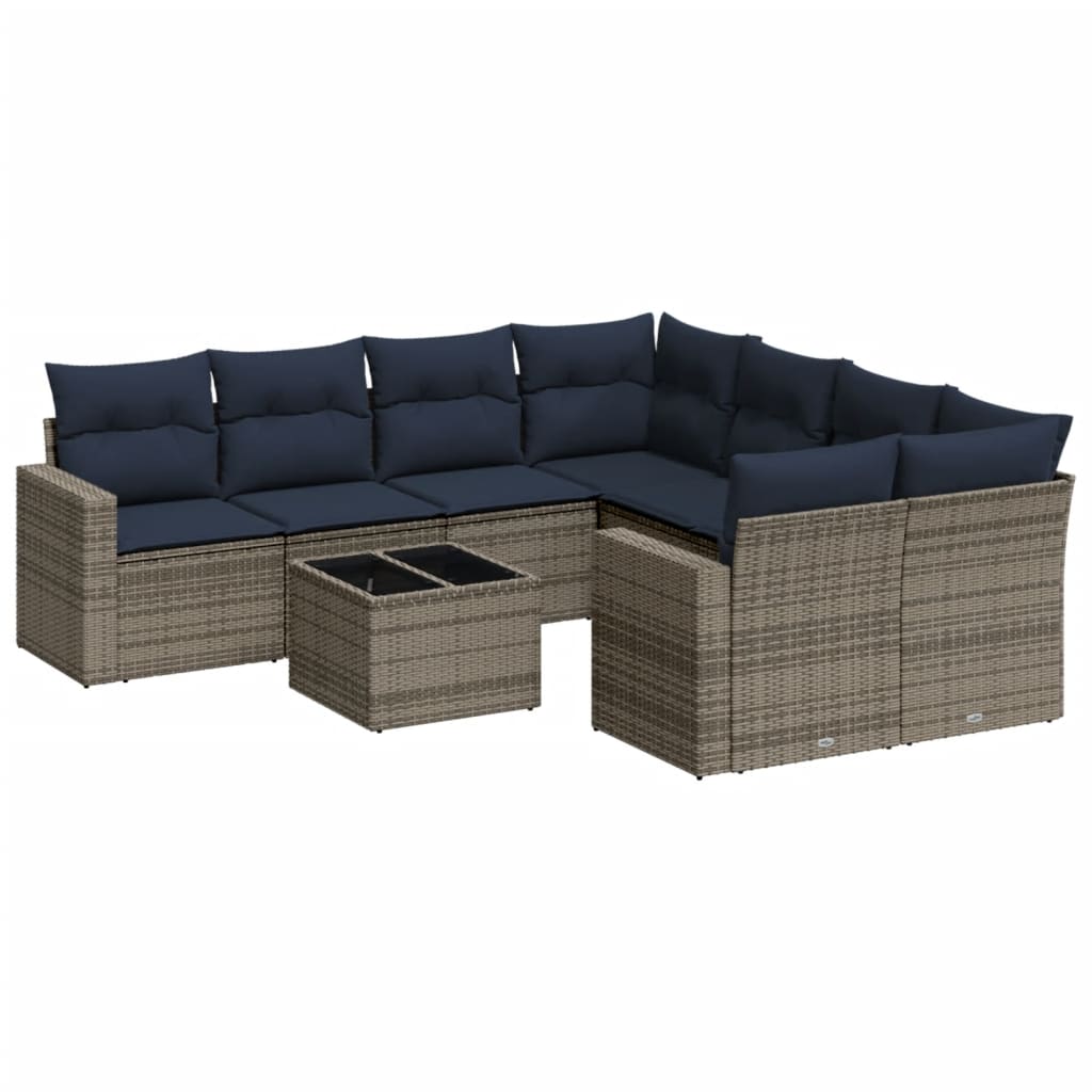 9 Piece Patio Sofa Set with Cushions Gray Poly Rattan