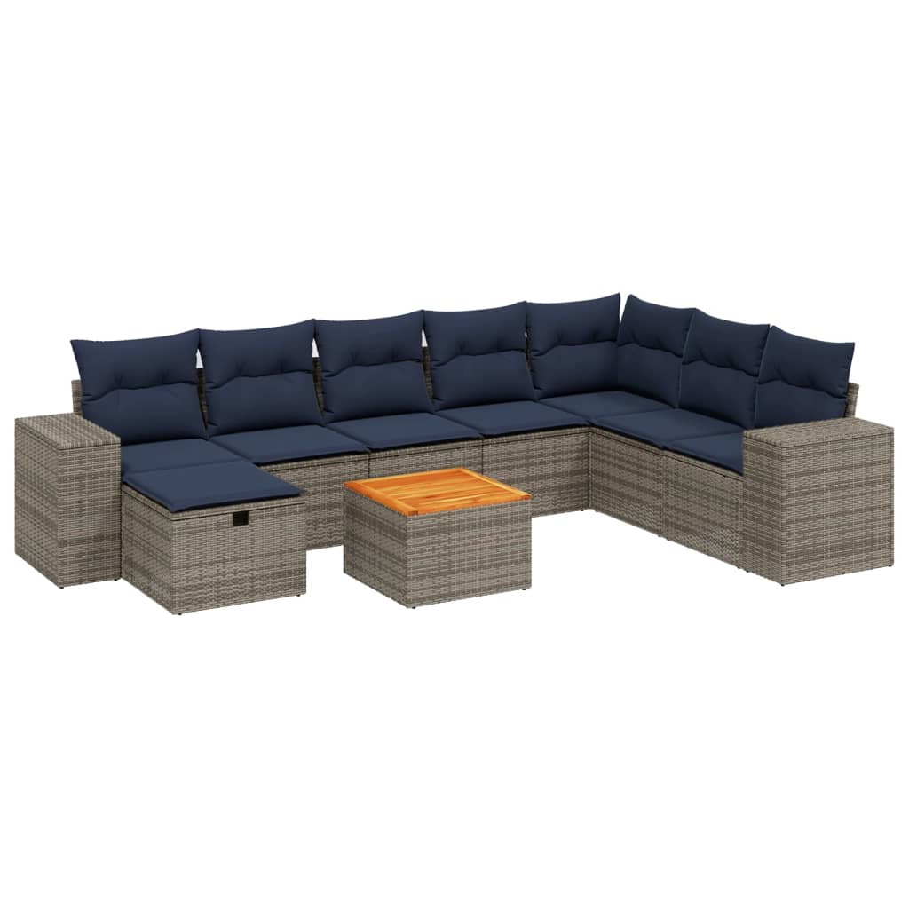 9 Piece Patio Sofa Set with Cushions Gray Poly Rattan