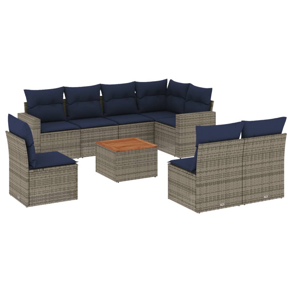 9 Piece Patio Sofa Set with Cushions Gray Poly Rattan