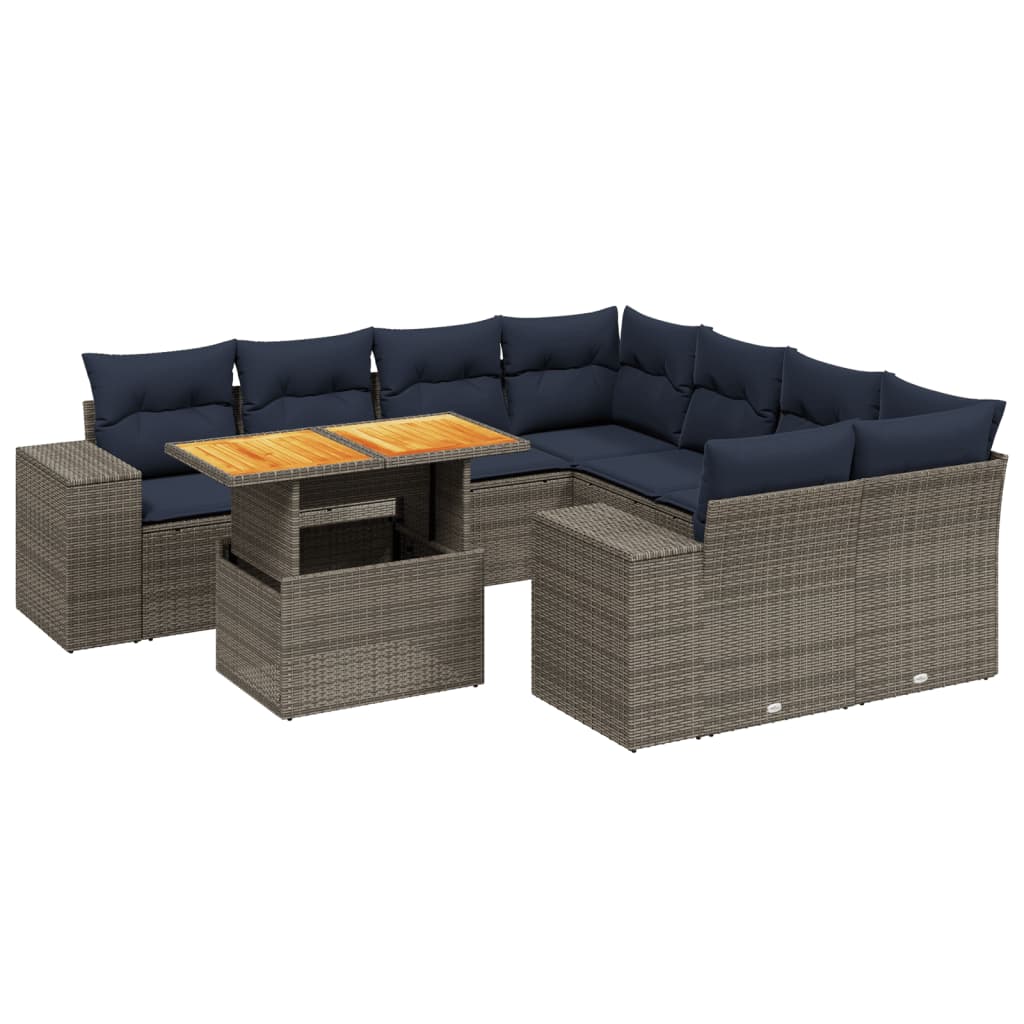 9 Piece Patio Sofa Set with Cushions Gray Poly Rattan