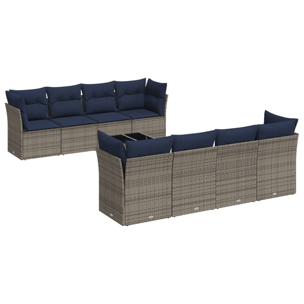 9 Piece Patio Sofa Set with Cushions Gray Poly Rattan