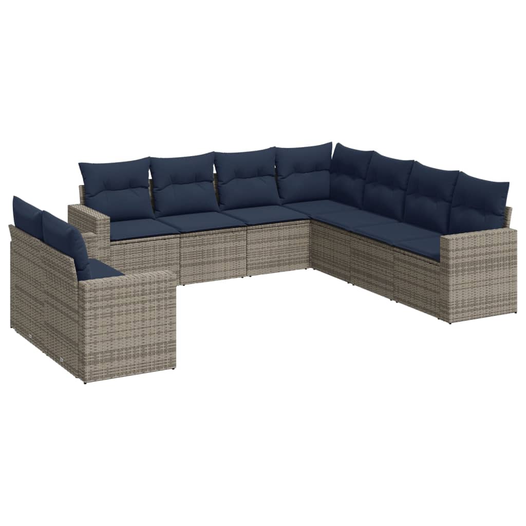 9 Piece Patio Sofa Set with Cushions Gray Poly Rattan