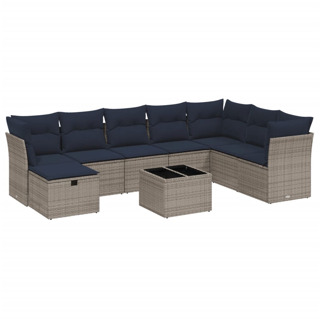 9 Piece Patio Sofa Set with Cushions Gray Poly Rattan