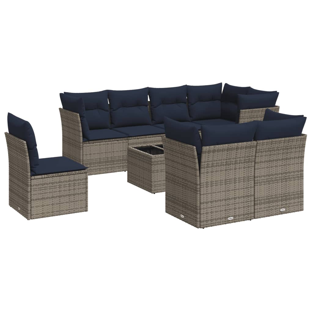 9 Piece Patio Sofa Set with Cushions Gray Poly Rattan