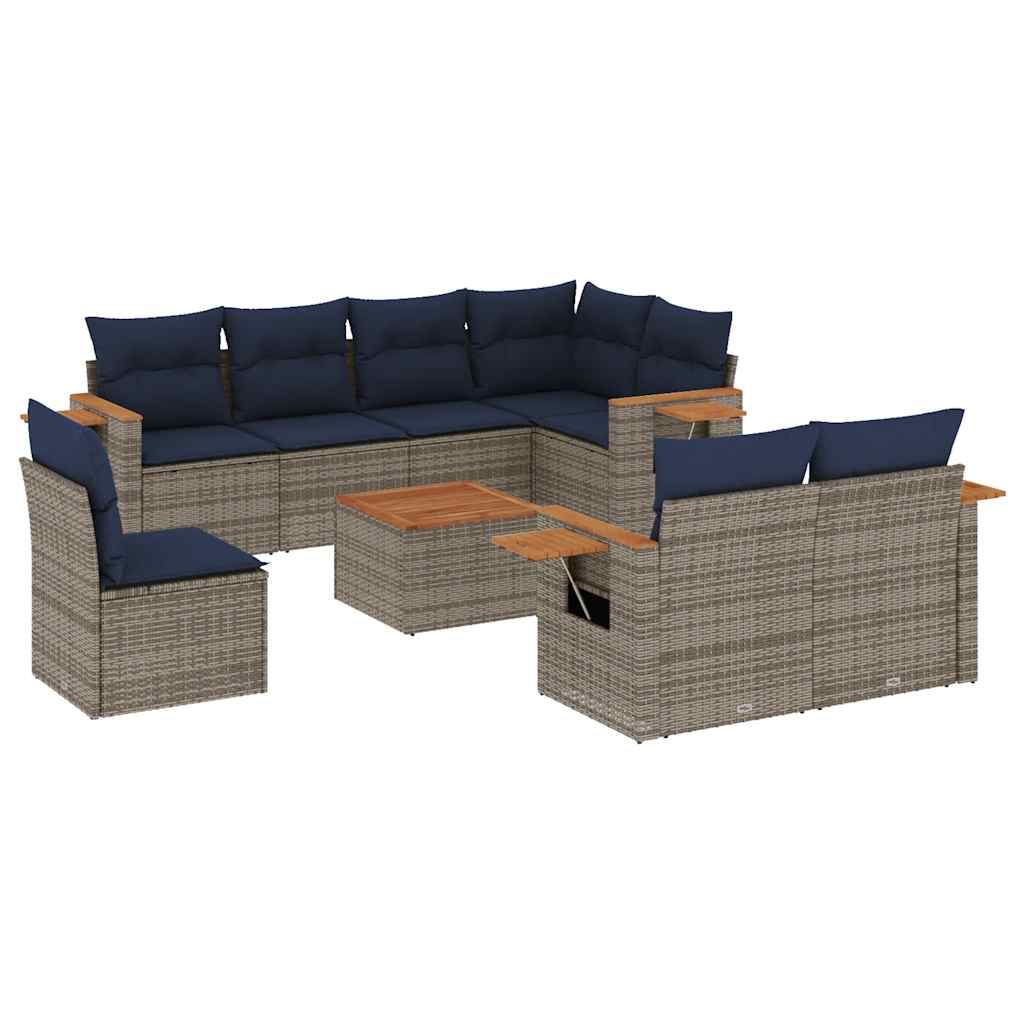 9 Piece Patio Sofa Set with Cushions Grey Poly Rattan (US only)