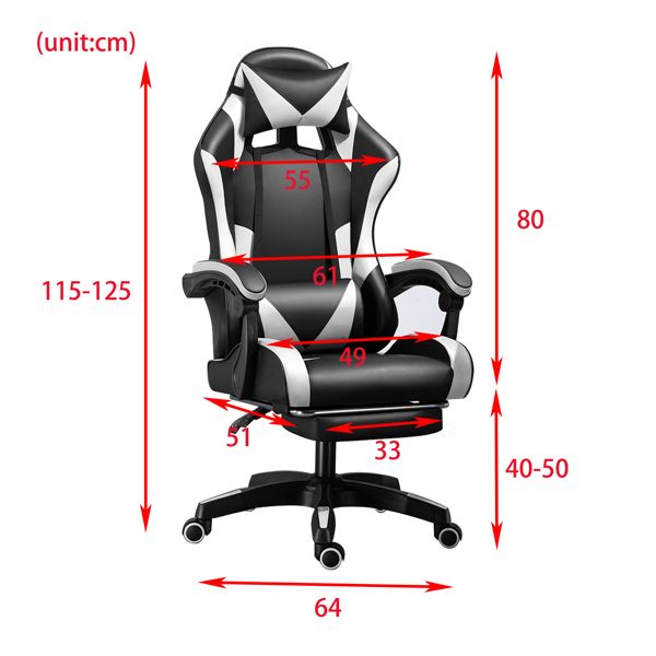 Adjustable high-back gaming chair with 360° swivel, reclining feature, and footrest for office use