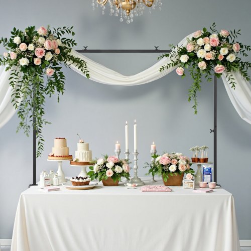 Adjustable metal table arch stand with clamps, 13"-42" height & 28"-98" length, ideal for tabletop balloon frames at weddings