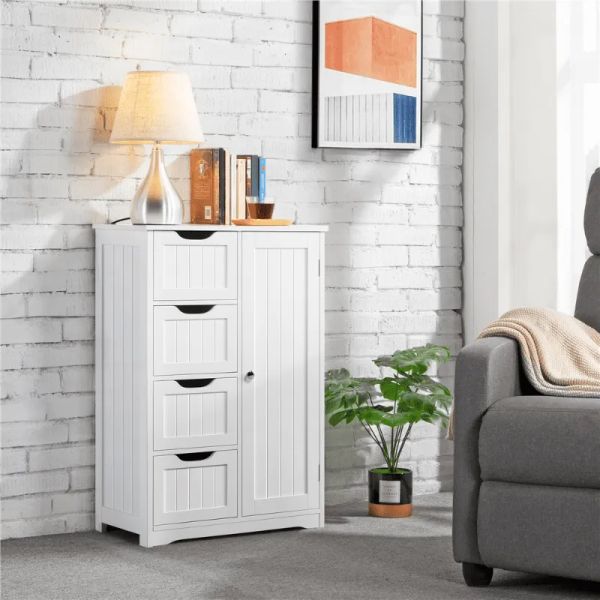 Alden Design's white wooden bathroom cabinet features 4 drawers and a cupboard for ample storage