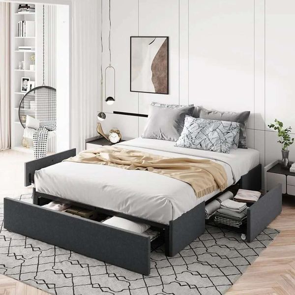 Allewie Full Size Platform Bed Frame featuring 3 Storage Drawers, Fabric Upholstery, Wooden Slat Support, No Box Spring Required