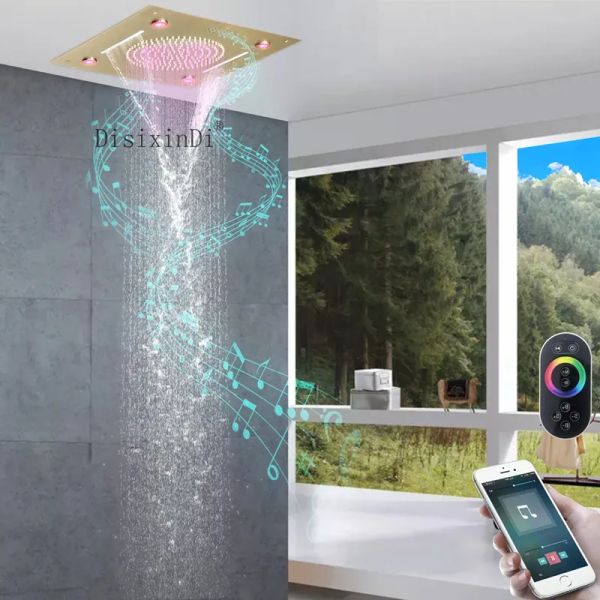 Antique brass shower head with 40x40cm rain and waterfall design, featuring built-in ceiling LED lights and music function for a luxurious bathroom experience