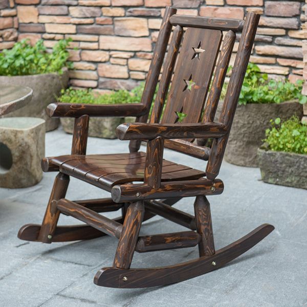 Antique wooden outdoor rocking chair with rustic design, perfect for porches, decks, balconies or indoor relaxation