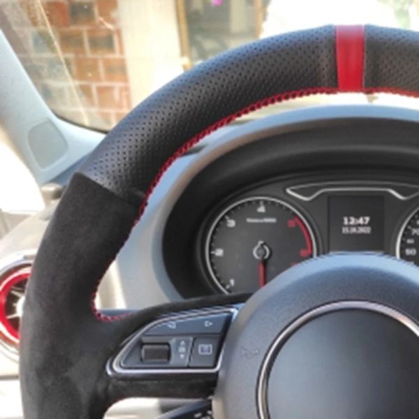 Anti-slip suede leather steering wheel cover compatible with Audi A3 8V, A1 8X Sportback, A4 B8 Avant, A8 D4, A6 C7, A7 G8, A5 8T, Q3 8U, and Q5 models