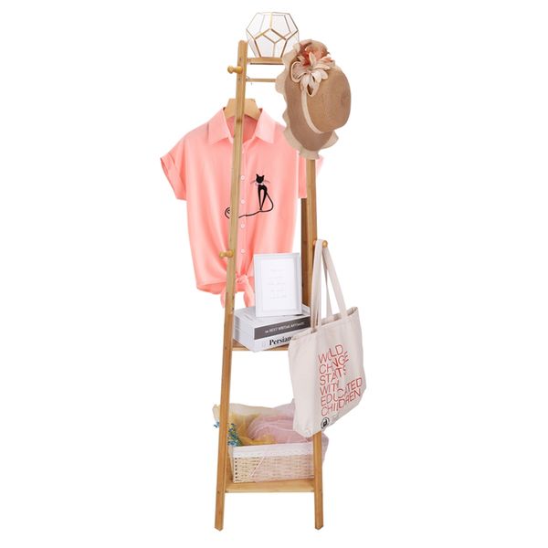 Bamboo coat rack with shelf and 8 hooks for hanging clothes and hats