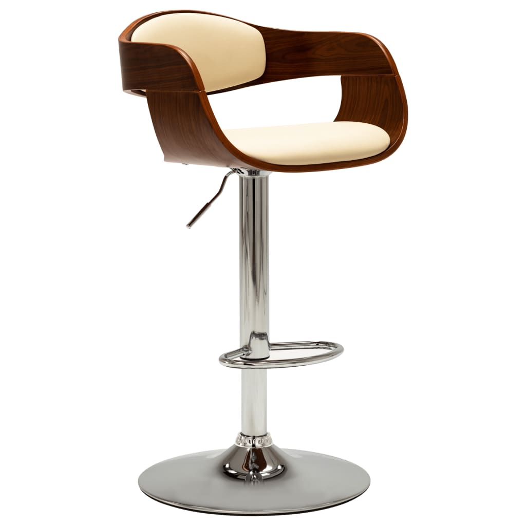 Bar Chair Cream and brown Faux leather, bent wood, chrome metal