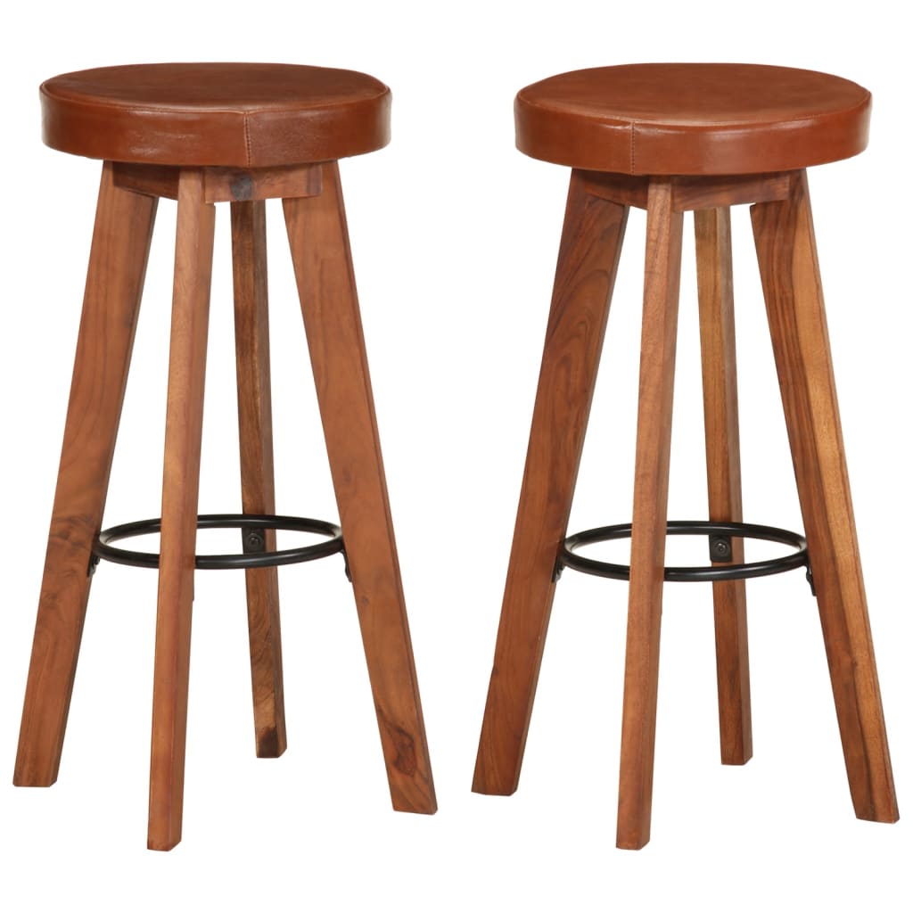 Bar Chair Set of 2 Natural wood, Brown leather