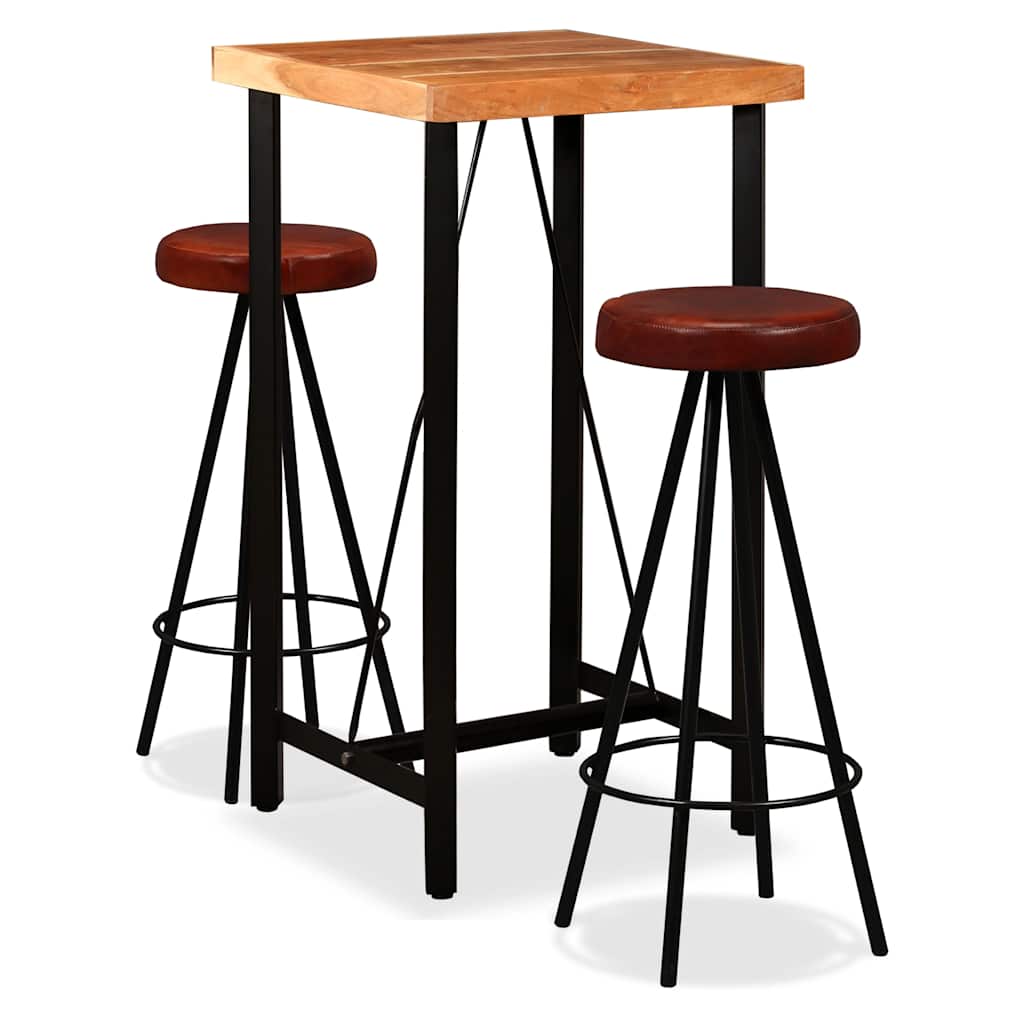 Bar Set Brown and Black Solid Acacia Wood, Genuine Leather, Steel