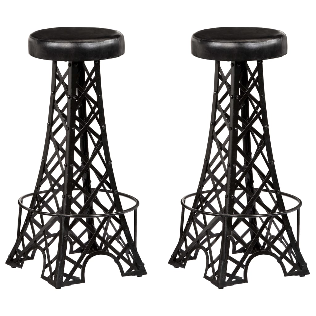 Bar Stool Set of 2 Black Real leather, powder-coated iron
