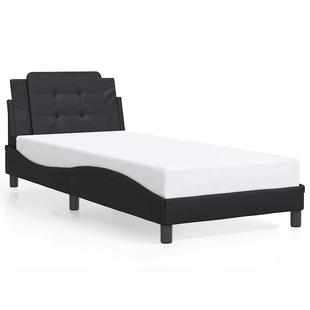 Bed Frame Black Faux leather, solid pine wood, plywood Single