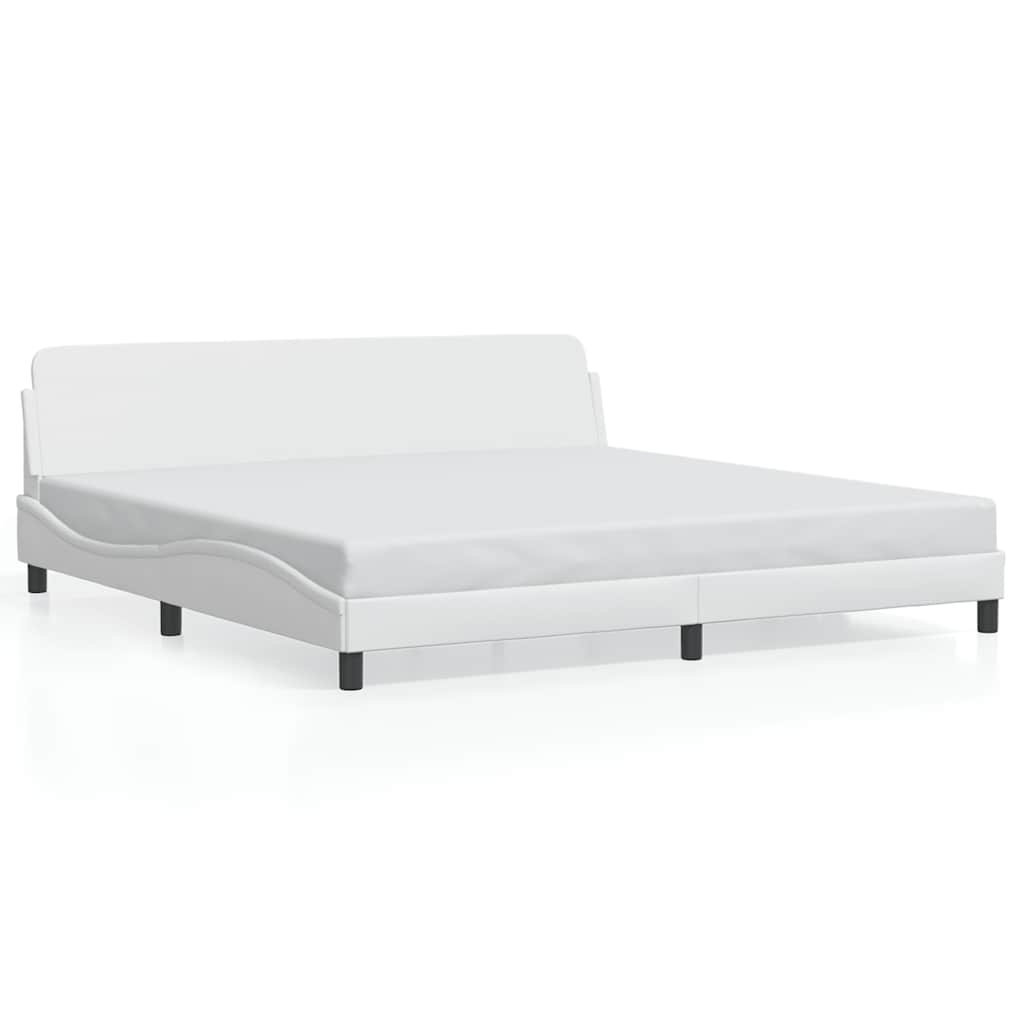 Bed Frame White Faux Leather, Metal, Solid Pine Wood, Plywood Full