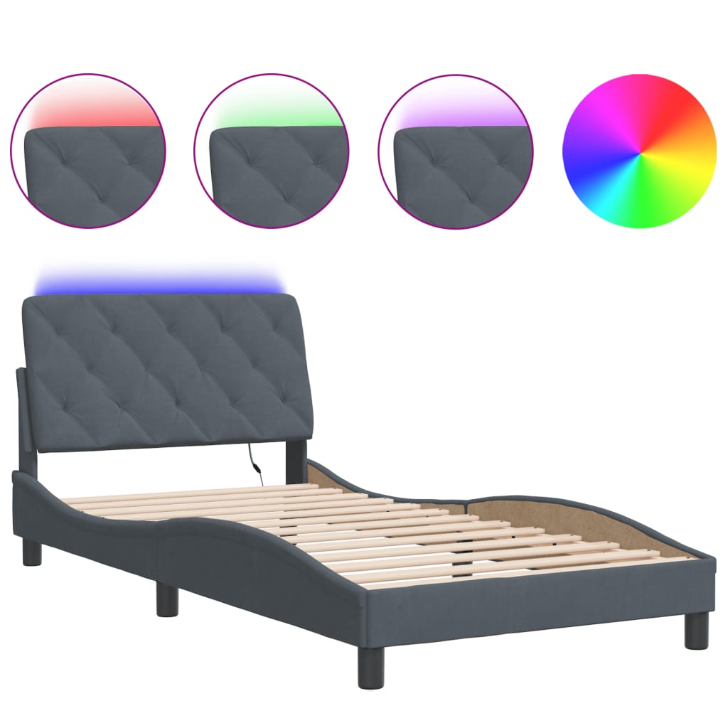 Bed Frame with LED without Mattress Dark Gray 39.4"x74.8" Velvet