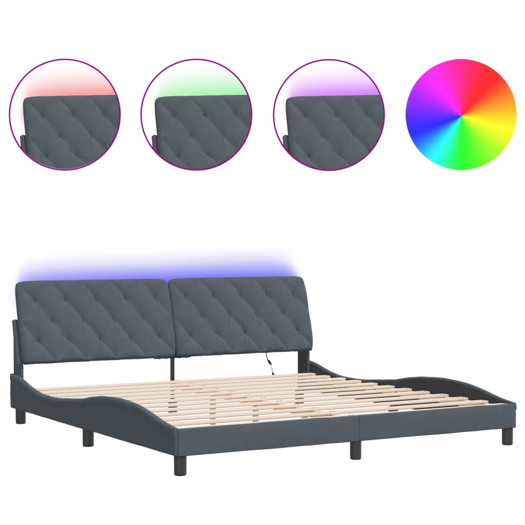 Bed Frame with LED without Mattress Dark Gray 76"x79.9" Velvet