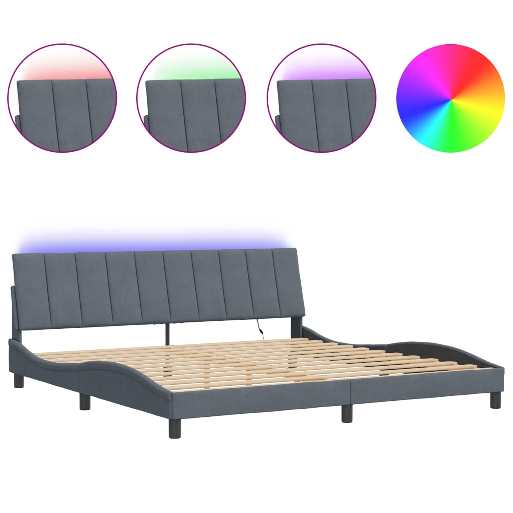 Bed Frame with LED without Mattress "Hanko" Dark Gray 76"x79.9" Velvet