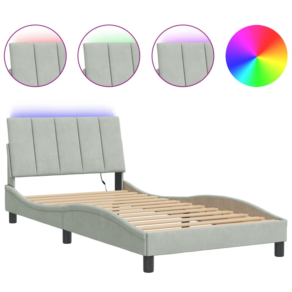 Bed Frame with LED without Mattress "Hanko" Light Gray 39.4"x74.8" Velvet