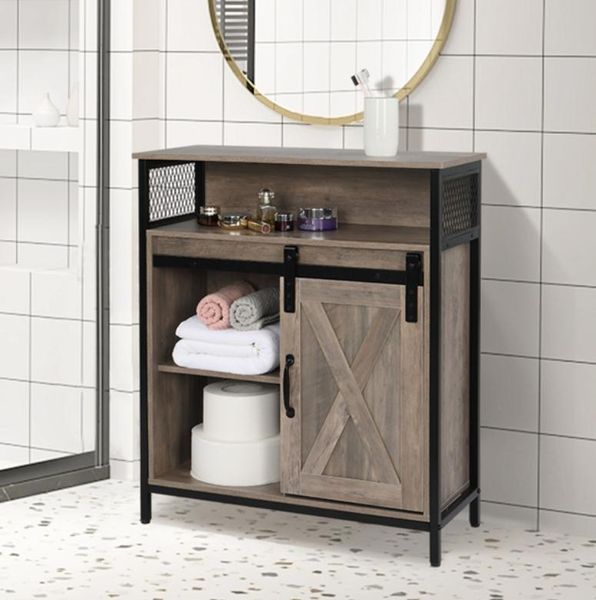 Bedroom Furniture FCH Retro Style MDF With Triamine Iron Frame Sliding Door Two-Drawing Two-Layer Rack Bathroom Cabinet  

Retro-style MDF bedroom furniture featuring a triamine iron frame, sliding doors, two drawers, and a two-tier rack bathroom cabinet