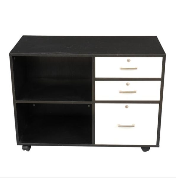 Bedroom furniture featuring a 3-drawer FCH wood file cabinet with 2 open shelves, wheeled base, and printer stand measuring 35.5"L x 15.7"W x 26"H