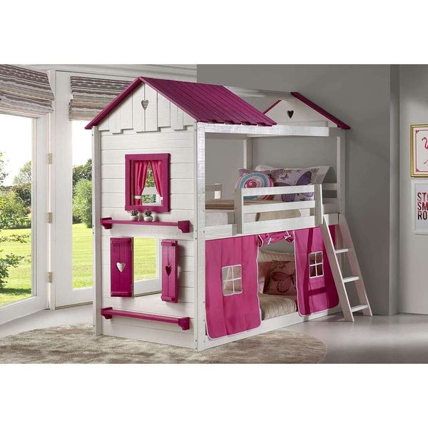 Beds Twin Sweetheart Bunk Bed with Pink Tent 83.19"L x 83"W x 87"H in Fun House Theme - Open Roof and Window, White/Pink Design