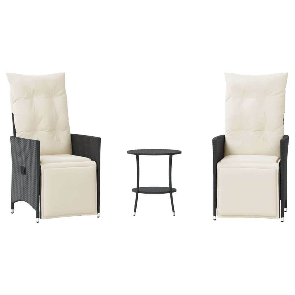 Bistro Set Black PE rattan 3 Piece Adjustable Footrests