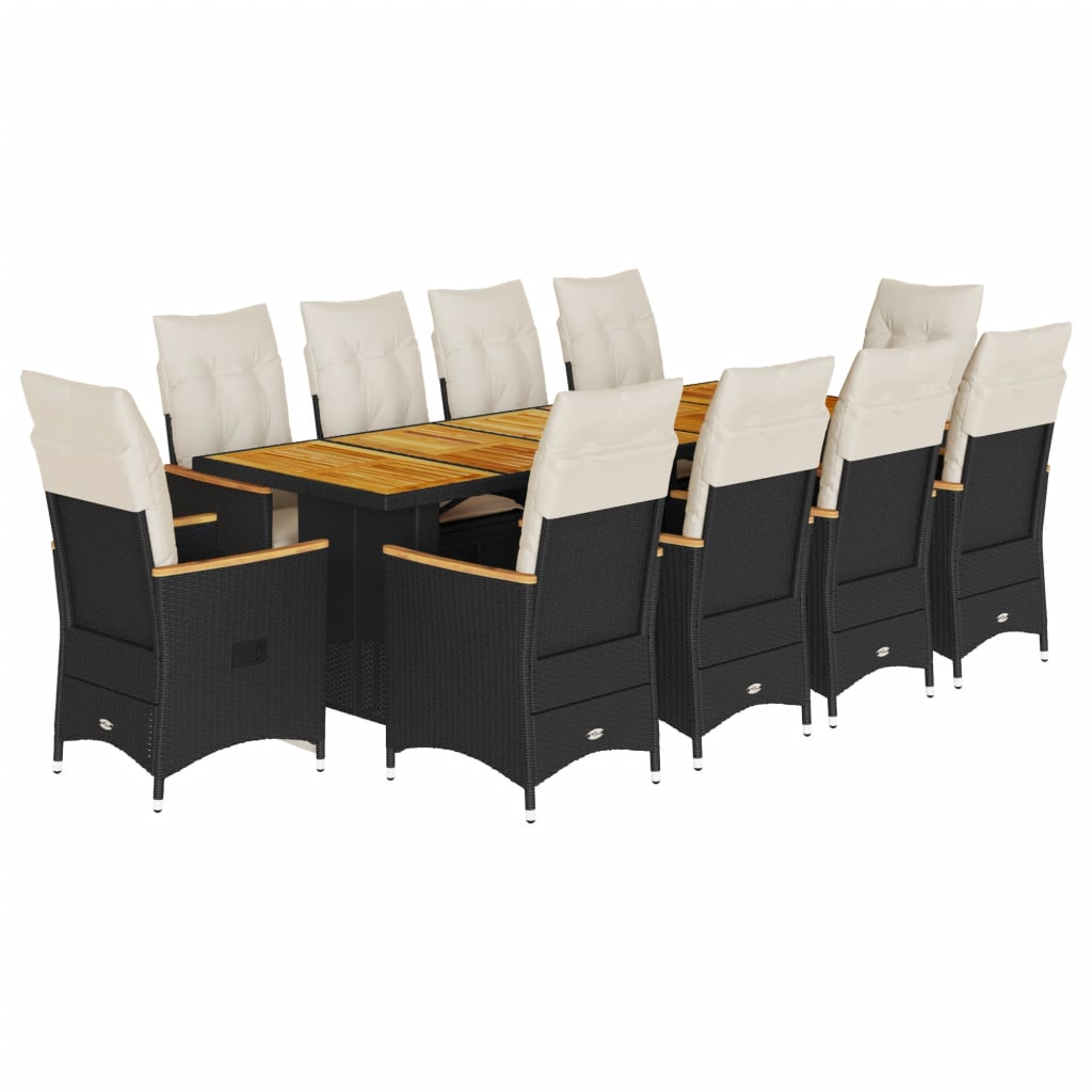 Bistro Set Black PE Rattan, Powder-Coated Steel, Solid Acacia Wood